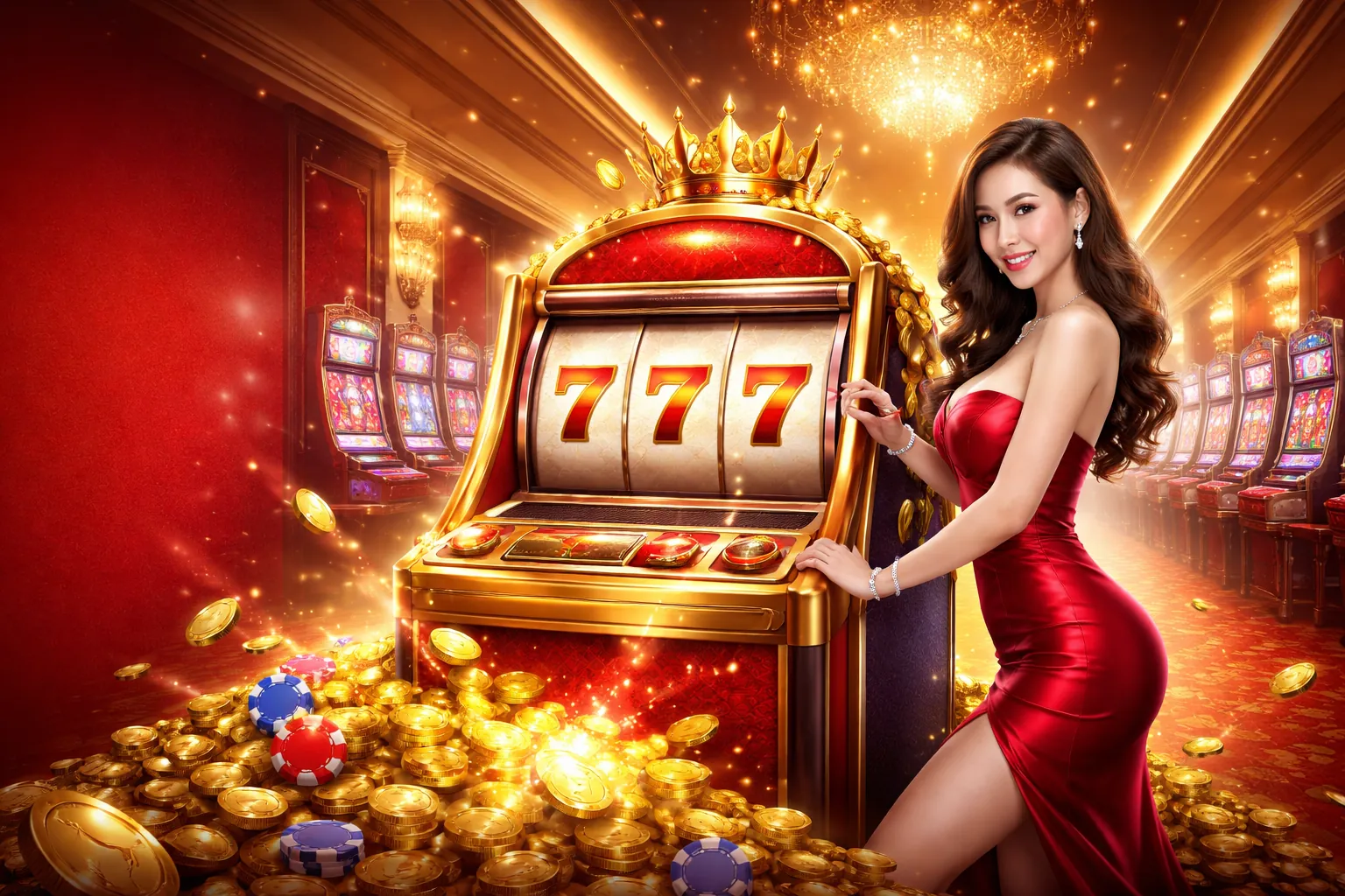 Hình ảnh máy đánh bạc với tiền vàng và biểu tượng chiến thắng tại MCW67 Login